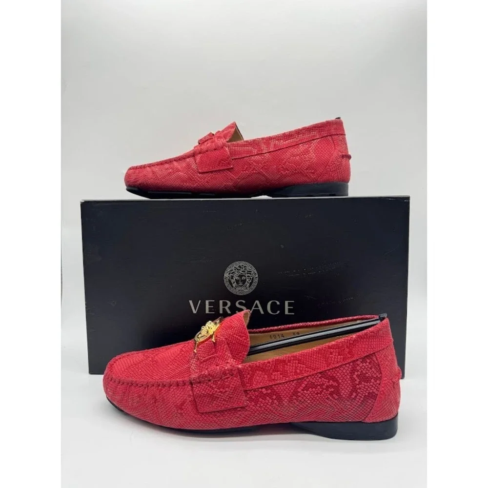 Versace Medusa Driver Loafers‎ Red Python Print Nubuck Mens US 7.5 EU 39 NIB